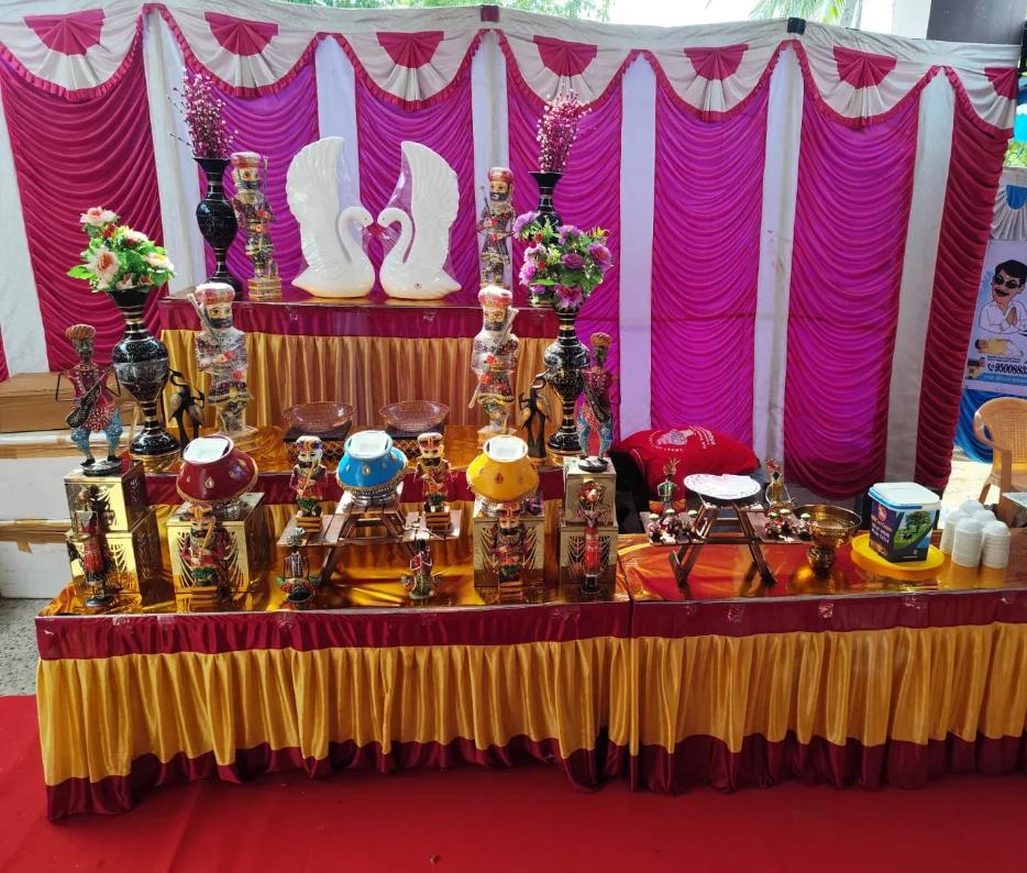 Stall with pink drapes and traditional showpieces